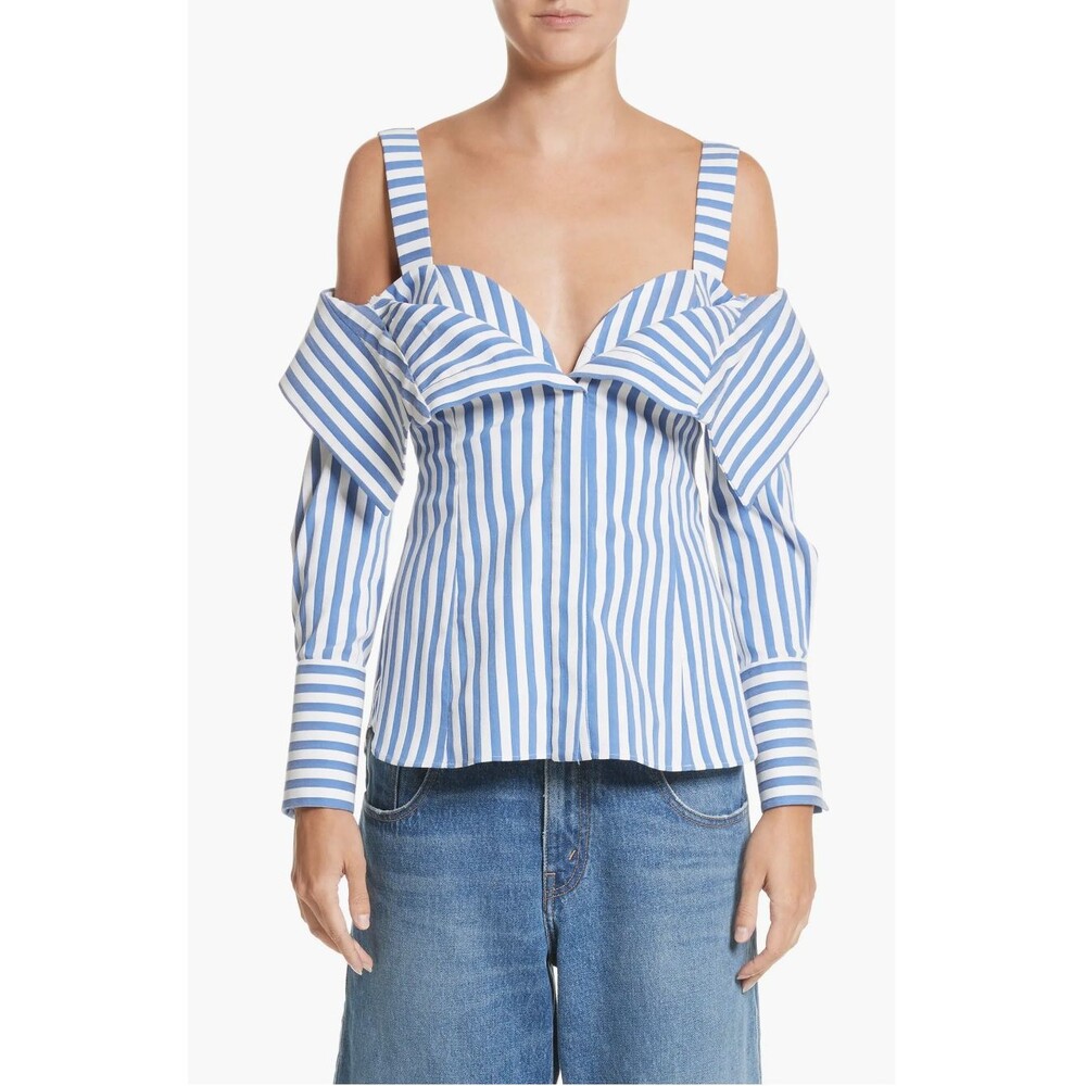 MONSE Stripe Poplin Cold Shoulder Top, White / Blue, US 2